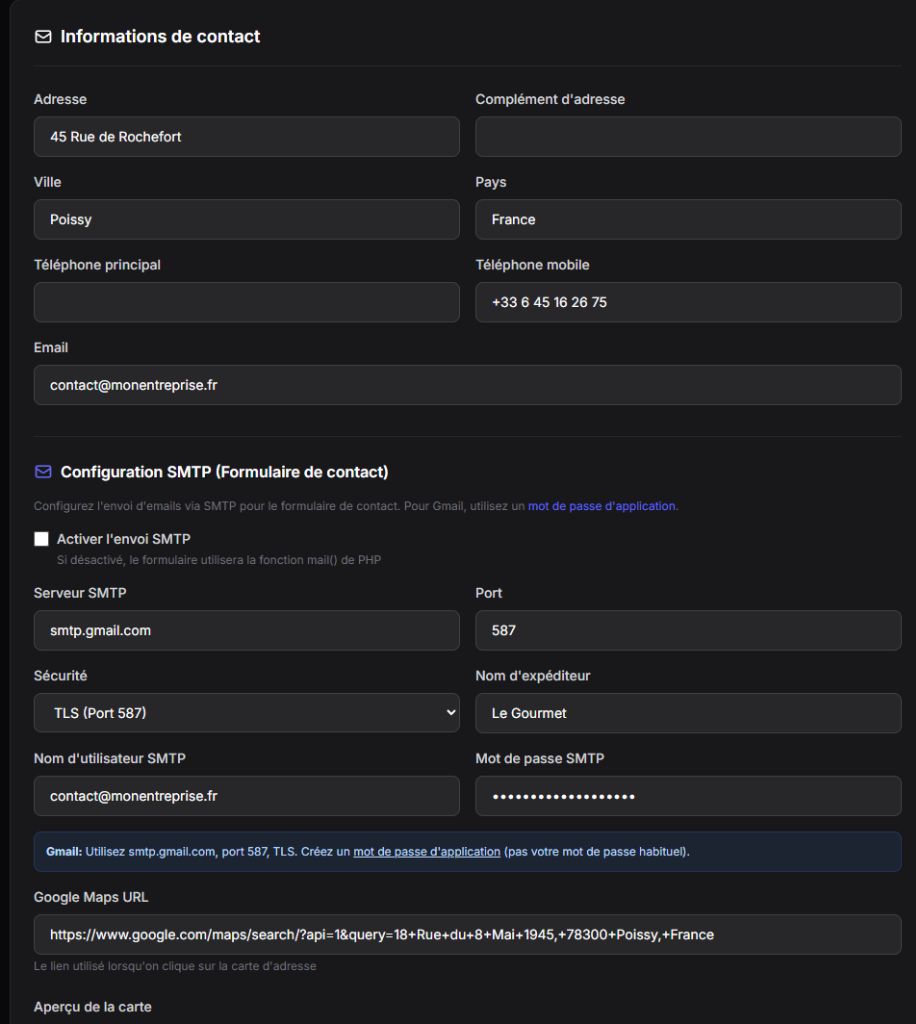 Section Contact - Informations et SMTP