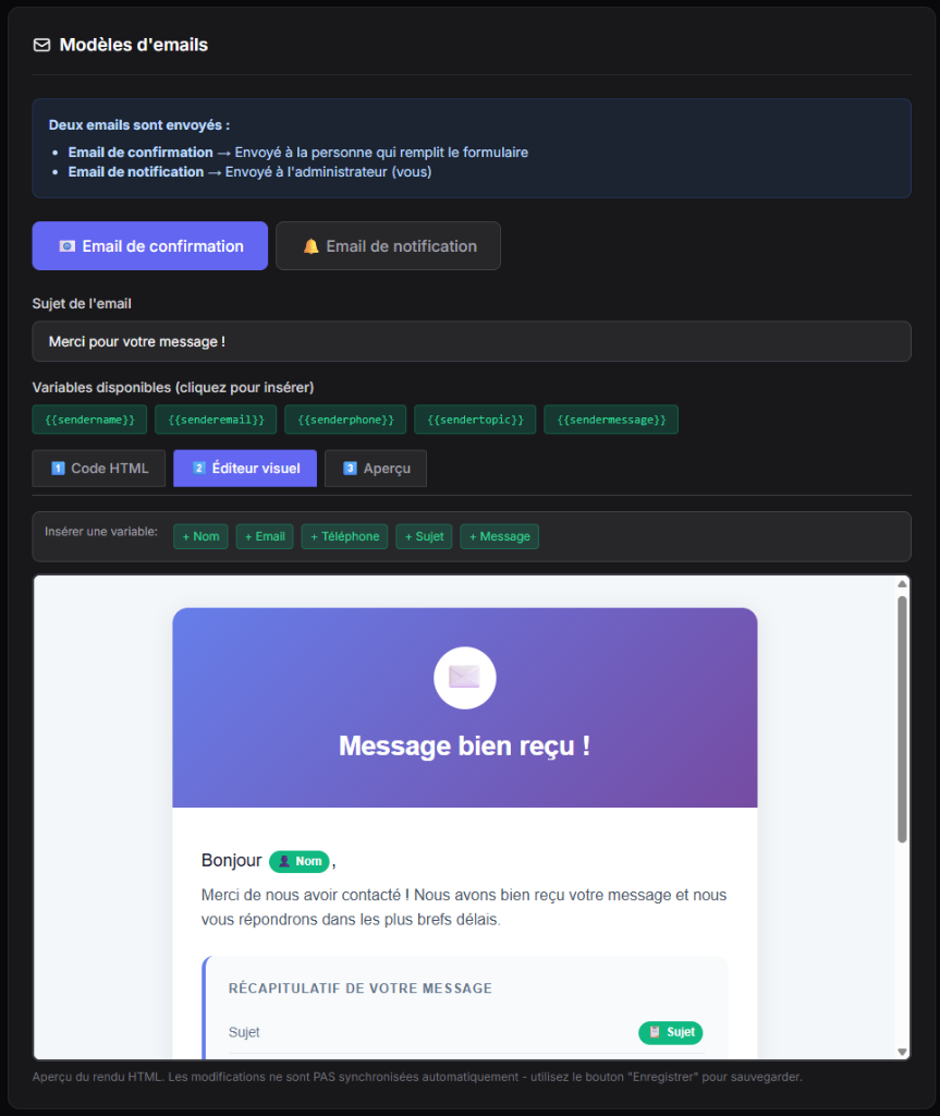 Section Emails - Éditeur de templates