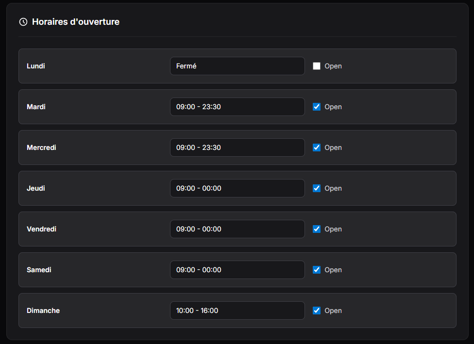 Section Horaires - Configuration des heures d'ouverture