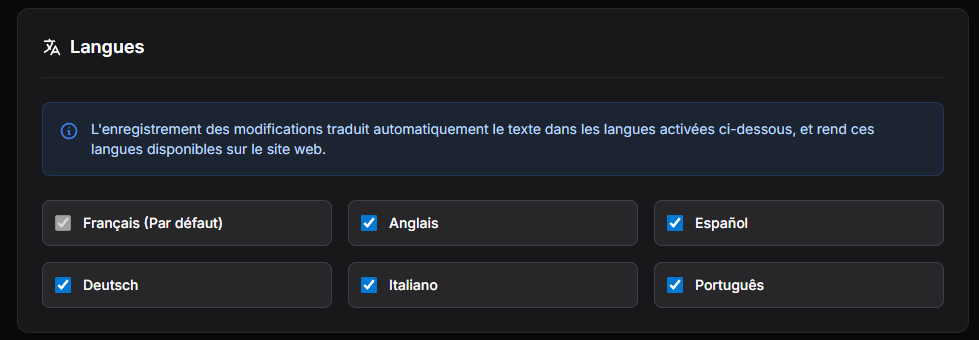 Section Langues - Configuration multi-langue