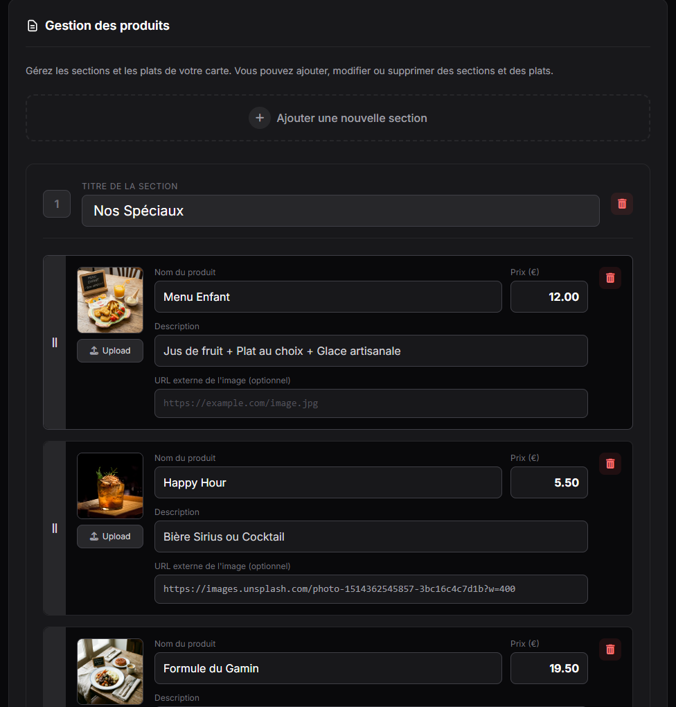 Section Produits - Gestion du catalogue